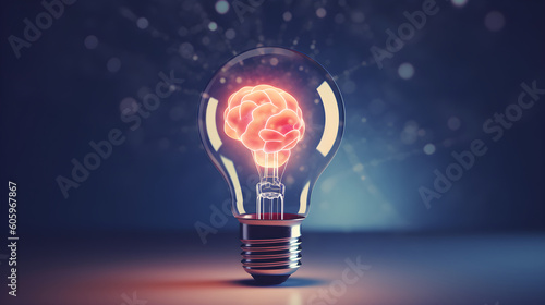Futuristic glowing brain light bulb hologram. Abstract virtual light bulb hologram. Innovation and creative idea concept. Generative Ai
