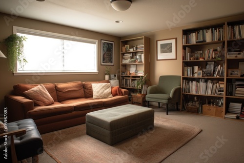 family room, with bookshelf and couch, decluttered and ready for family time, created with generative ai