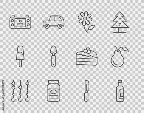 Set line Grilled shish kebab on skewer, Bottle of wine, Flower, Jam jar, Portable video game console, Spoon, Knife and Pear icon. Vector