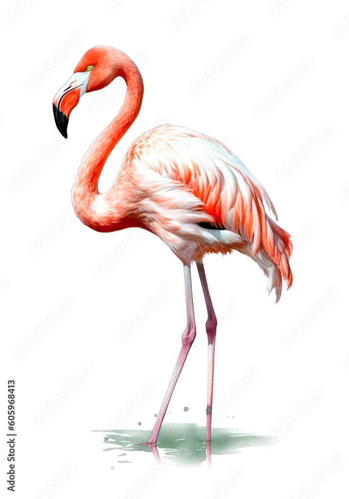 Pink flamingo isolated on white background. Generative AI.