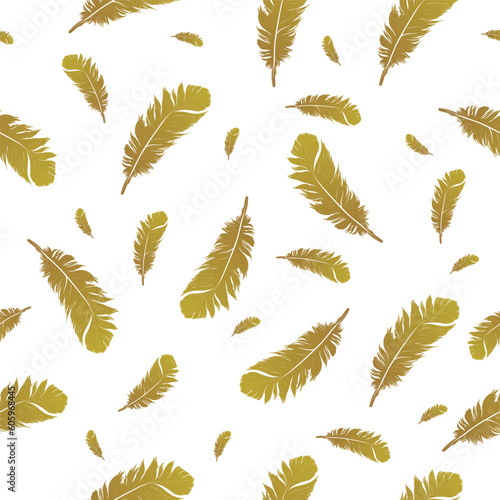 Golden feather seamless pattern on white background. Vintage card for fabric design. Peacock feather seamless pattern.