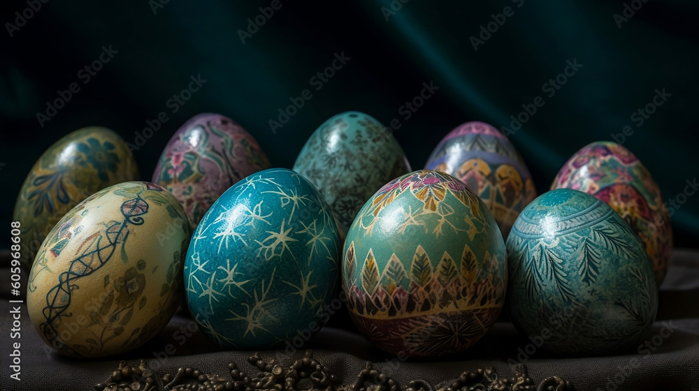 Easter eggs in light green and turquoise with detail painting repetitive dotwork, generative ai Easter eggs in light green and turquoise with detail painting repetitive dotwork, generative ai
