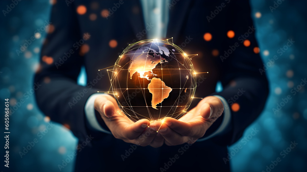 Fototapeta premium Businessman holding a glowing hologram globe. Businessman touching technology, global network and data exchange. Generative Ai