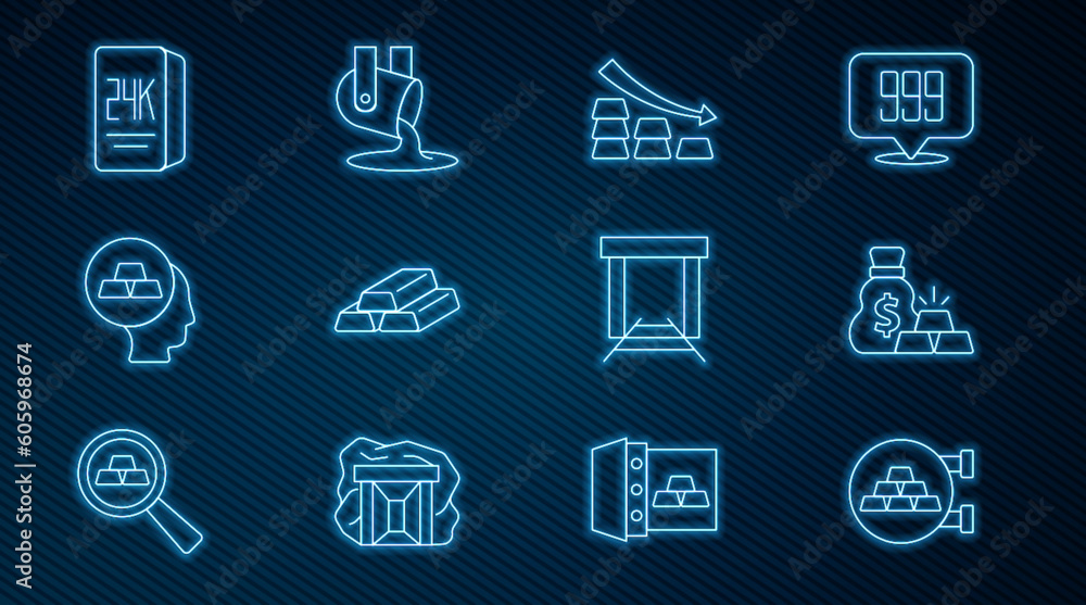 Set line Jewelry store, Bag of gold bars, Falling arrow with, Gold, 24k, mine and Molten being poured icon. Vector Set line Jewelry store, Bag of gold bars, Falling arrow with, Gold, 24k, mine and Molten being poured icon. Vector