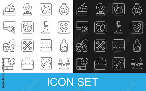 Set line Oil money, Ore mining, Archeology, Gold nugget, Gem stone, Soil analysis, and Tacheometer, theodolite icon. Vector