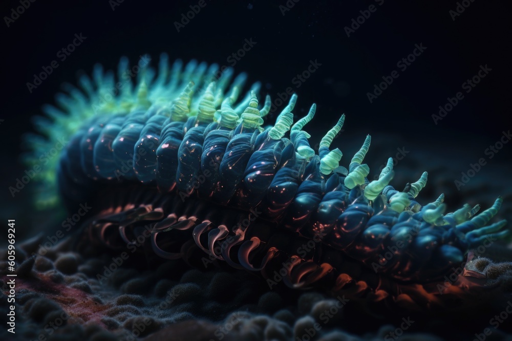 deep-sea worm, its body covered with luminescent scales and tentacles, created with generative ai