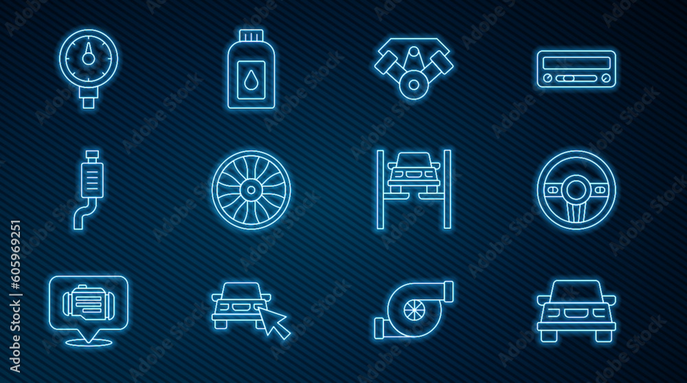 Set line Car, Steering wheel, Power car engine, Alloy for, muffler, Tire pressure gauge, Repair on lift and Canister motor machine oil icon. Vector Set line Car, Steering wheel, Power car engine, Alloy for, muffler, Tire pressure gauge, Repair on lift and Canister motor machine oil icon. Vector