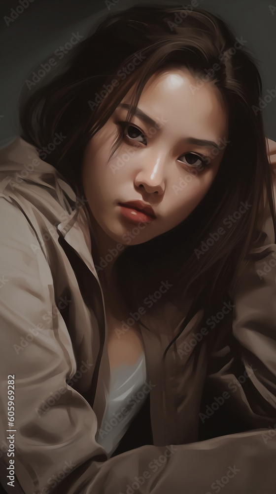 Korean girl long black hair big eyes in a brown jacket laying in bed looking to camera, generative ai Korean girl long black hair big eyes in a brown jacket laying in bed looking to camera, generative ai