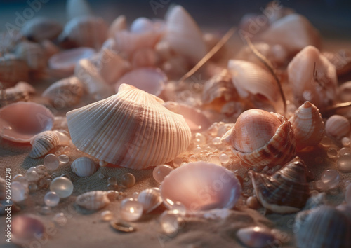 sea shells and pearls background, close up, generative ai
