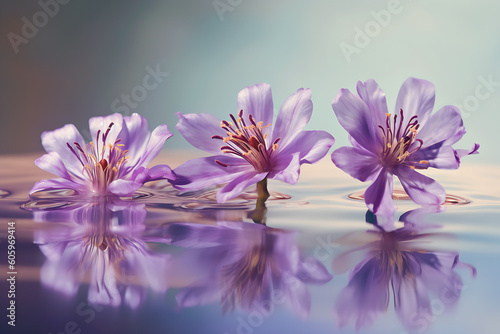 Three purple flowers floating on soft sparkling water reflections, generative ai