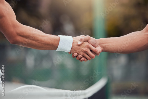 Man, tennis and handshake for partnership, deal or game in competition together on court. Hand of men or friends shaking hands for sports training, teamwork or support friendship in match agreement