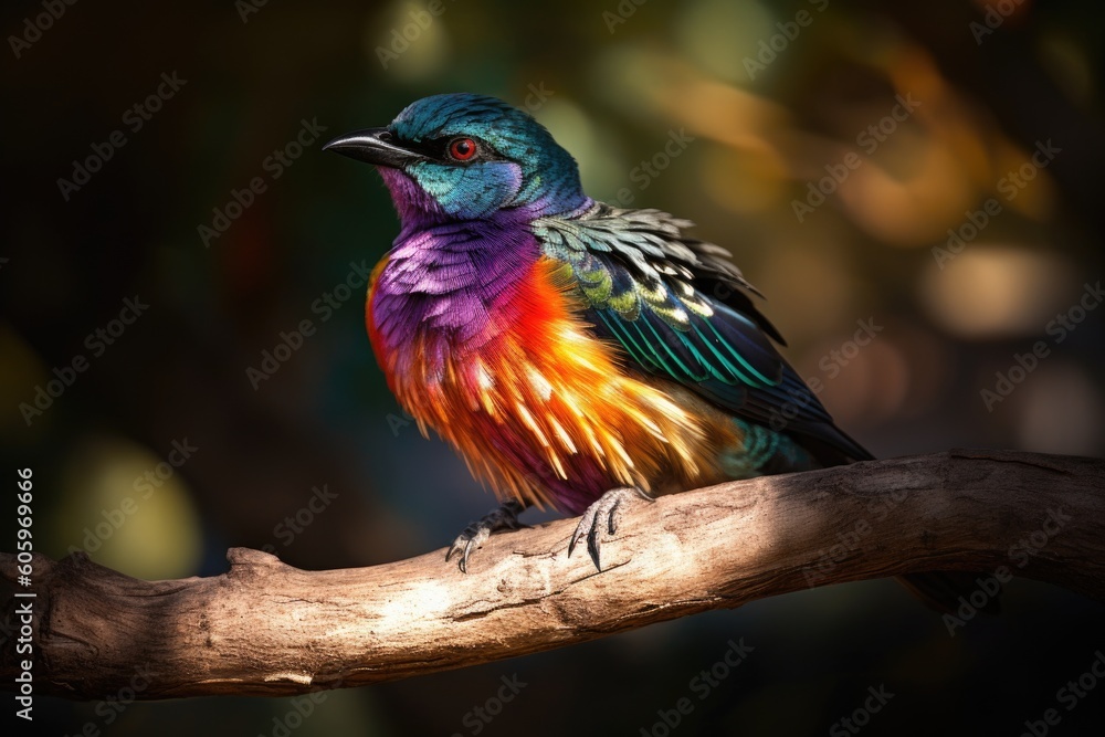 colorful bird resting on tree branch, its feathers shining in the sunlight, created with generative ai