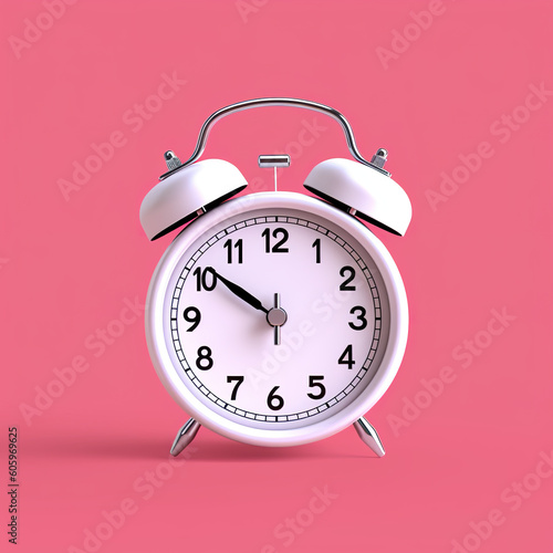 A white alarm clock on a pink background. Generative AI.