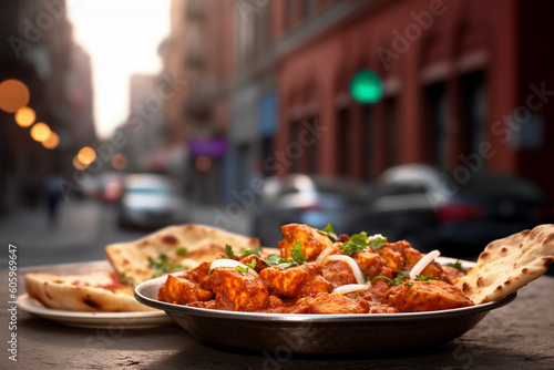 Indian chicken tikka masala with naan. india background. generative AI photo