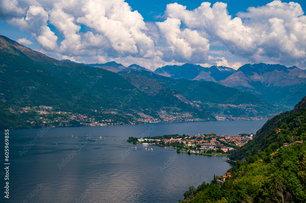 Panorama of Lake Como, with Dervio and the northern part of Lake Como.
