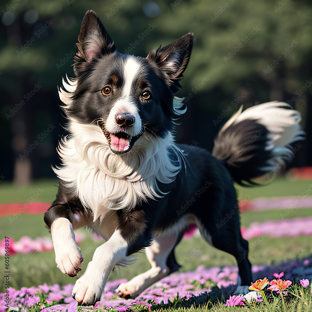 border collie puppy with flowers with  generative AI 
