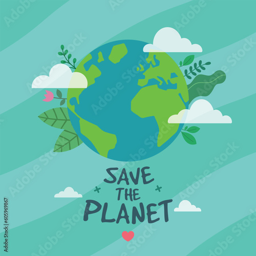 Save the planet earth with clouds and flowers concept design