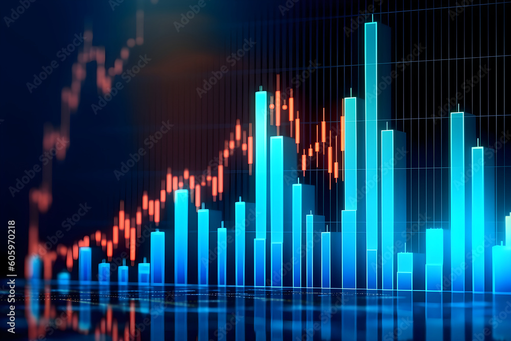 Perspective view of multiple stock market chart. Economy trends background for business idea and all art work design. Abstract finance background. Generative AI