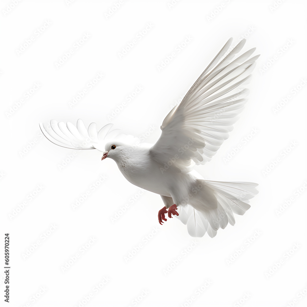Flying dove isolated on white background. Generative AI. Flying dove isolated on white background. Generative AI.