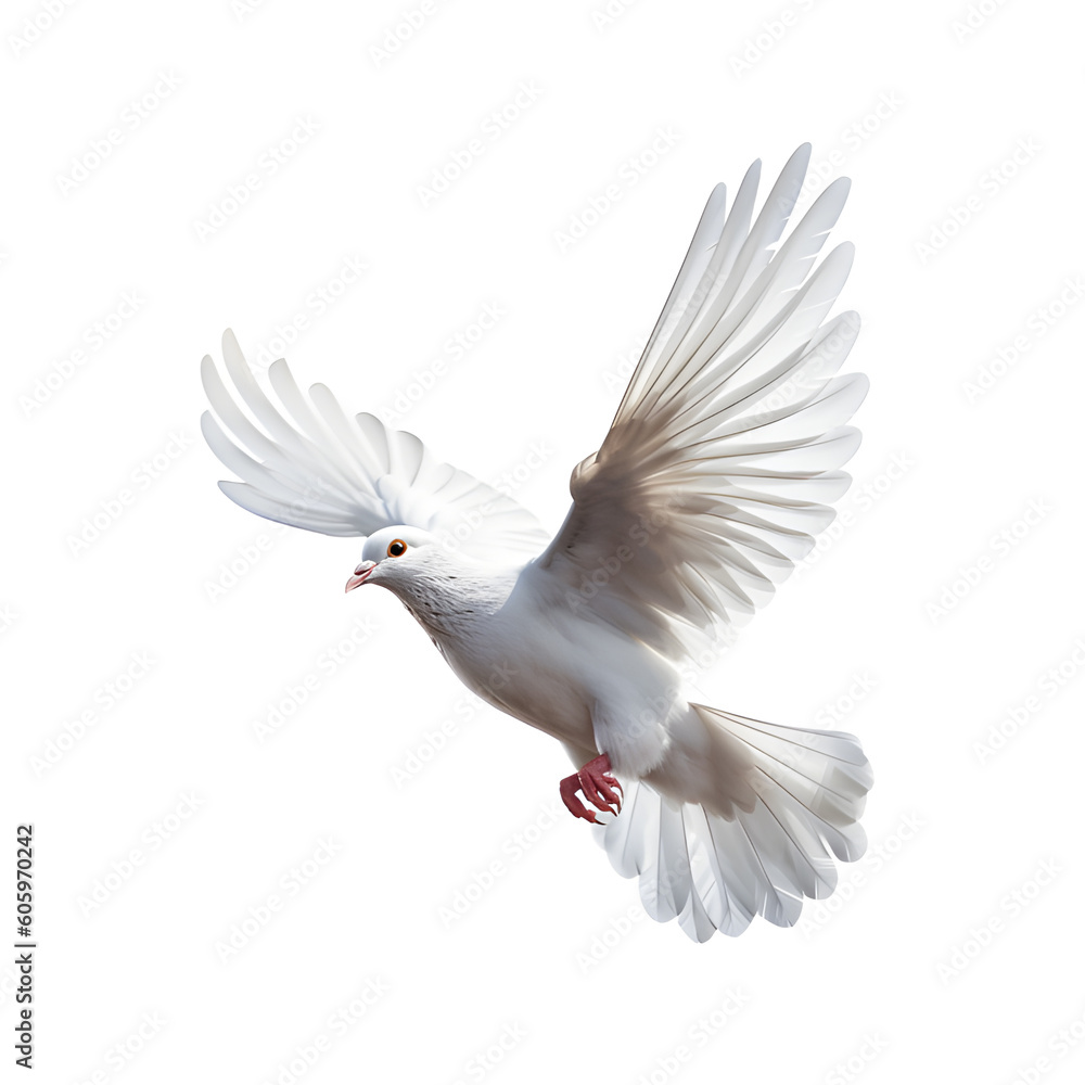 Fototapeta premium Flying dove isolated on white background. Generative AI.