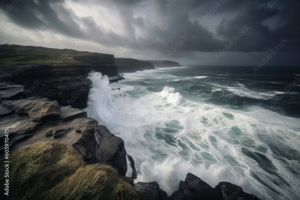 clifftop view of crashing waves and stormy sky, created with generative ai