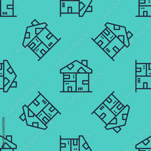 Black line Homeless cardboard house icon isolated seamless pattern on green background. Vector
