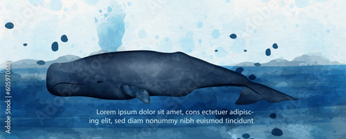 Whale swimming in the ocean in watercolors style and example texts on blue paper pattern background.