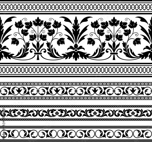 Decorative black seamless borders, classic art. Whimsical floral elements, acanthus. Stencils for furniture.