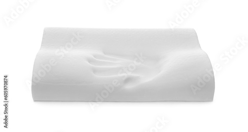 Orthopedic memory foam pillow with handprint isolated on white photo