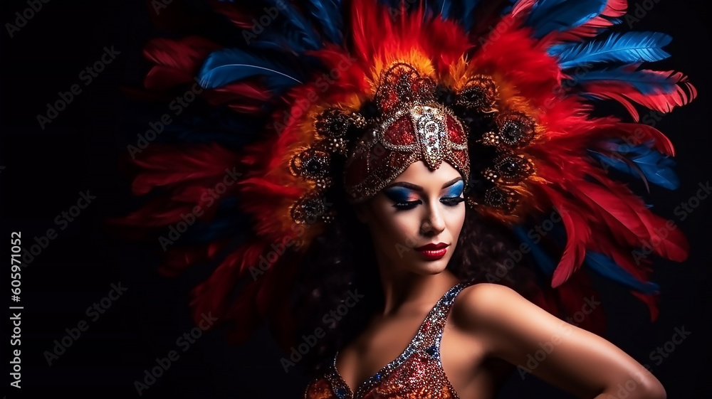 Woman in special feather costume is dancing at studio.Carnival samba, generative ai tools Woman in special feather costume is dancing at studio.Carnival samba, generative ai tools