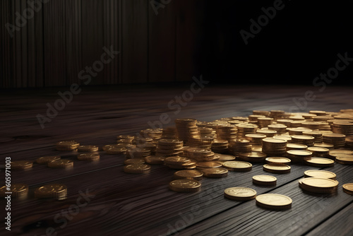 Many gold coins on a wooden background. Neural network AI generated art Generative AI photo