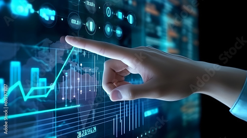 Business man analytics and business intelligence concept with chart and graph icons on a digital screen interface and a businessman hand in background