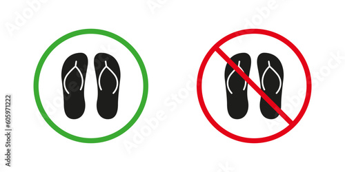 Flip Flop, Summer Slipper Red and Green Warning Signs. Beach Sandal Silhouette Icons Set. Allowed and Prohibited Put Flip Flop Pictogram. Isolated Vector Illustration