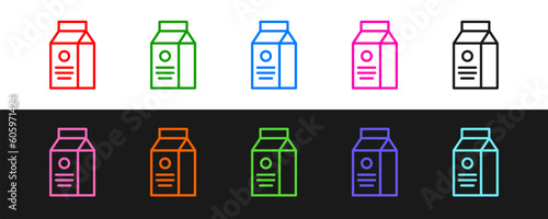 Set line Paper package for milk icon isolated on black and white background. Milk packet sign. Vector