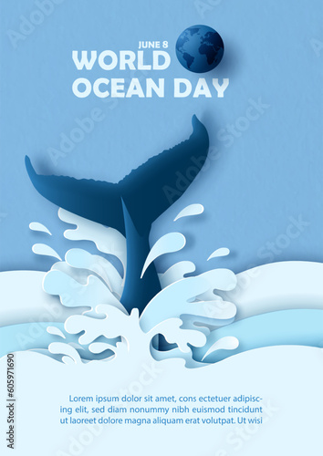 Whale tail with splashing water and wording of ocean day on blue paper pattern background. Concept poster campaign of world ocean day in layers paper cut style and vector design.
