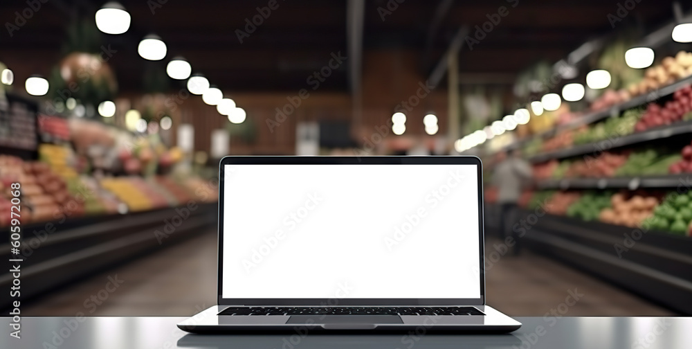Laptop computer mock-up with cut out screen on background of supermarket. Copy space. Based on Generative AI