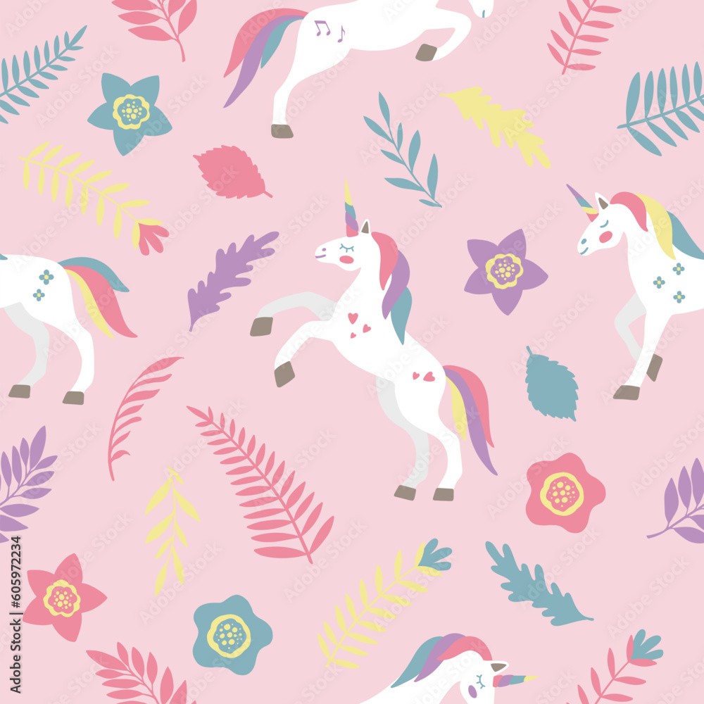 Fototapeta premium Seamless vector pattern with cute unicorns on a floral background. Ideal for textiles, wallpapers or prints.