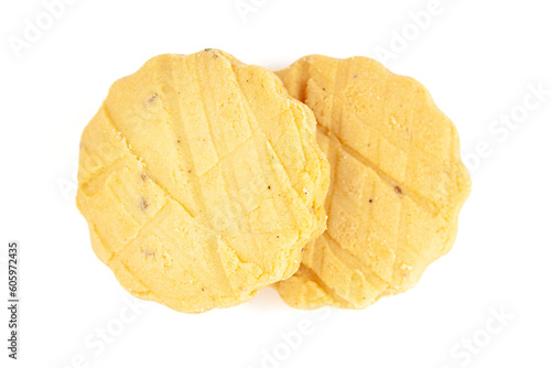 Two carrom seeds cookies or salted ajwain cookies on a white background. Top-down view. Food Flat lay.