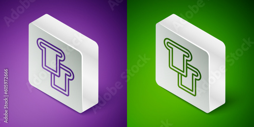 Isometric line Bread toast for sandwich piece of roasted crouton icon isolated on purple and green background. Lunch, dinner, breakfast snack. Silver square button. Vector