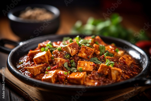 Sichuan Mapo Tofu dish in the table. generative AI