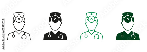 Otolaryngology Medic Staff Black and Color Pictogram. Ear, Nose, Throat Doctor Symbol Collection. ENT Specialist. Otolaryngologist Doctor Line and Silhouette Icon Set. Isolated Vector Illustration