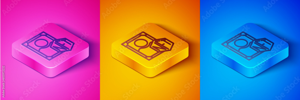 Isometric line NFT Digital crypto art icon isolated on pink and orange, blue background. Non fungible token. Square button. Vector Isometric line NFT Digital crypto art icon isolated on pink and orange, blue background. Non fungible token. Square button. Vector