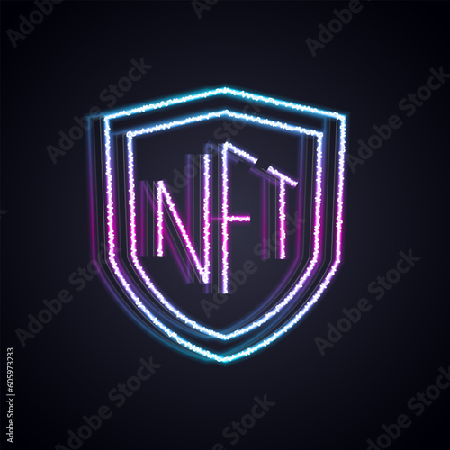 Glowing neon line NFT shield icon isolated on black background. Non fungible token. Digital crypto art concept. Vector