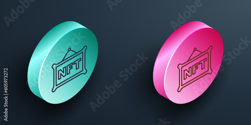 Isometric line NFT Digital crypto art icon isolated on black background. Non fungible token. Turquoise and pink circle button. Vector