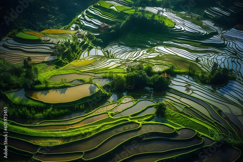 Rice fields on terraced of Mu Cang Chai, YenBai, Vietnam. Rice fields prepare the harvest at Northwest Vietnam.Vietnam landscapes. Neural network AI generated art Generative AI photo