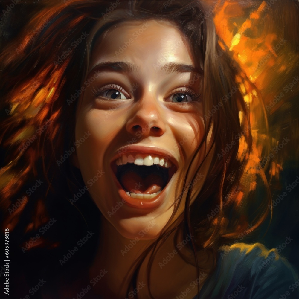 Fictional little girl close-up portrait despicting happiness and joy. Happy facial expression. Generative AI illustration. 