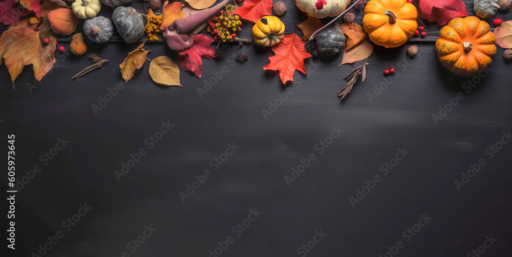 Thanksgiving theme - Pumpkins and maple leaves on rustic table - Generative AI