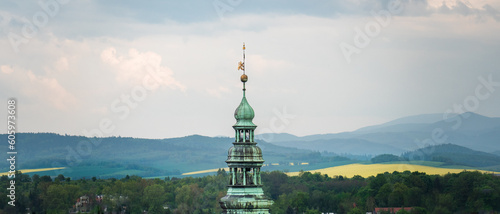 Top view of the church tower in Kłodzko. Spring landscape.