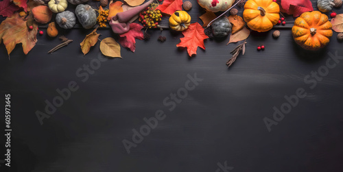 Thanksgiving theme - Pumpkins and maple leaves on rustic table - Generative AI