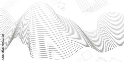 Undulate Grey Wave Swirl, frequency sound wave, twisted curve lines with blend effect. Technology, data science, geometric border. Isolated on white background. Vector illustration.